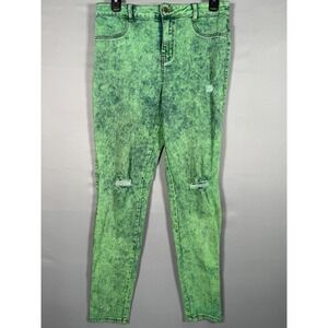 Women Green Yellow Dyed Tapered Denim Jean Distressed Ripped Grunge 28x28"